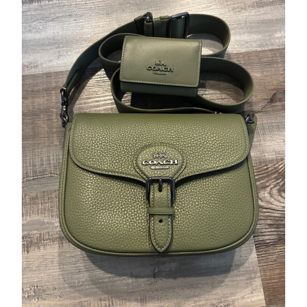 Coach Amelia Saddle Bag and Matching Wallet Olive Green Pebble Leather C8107